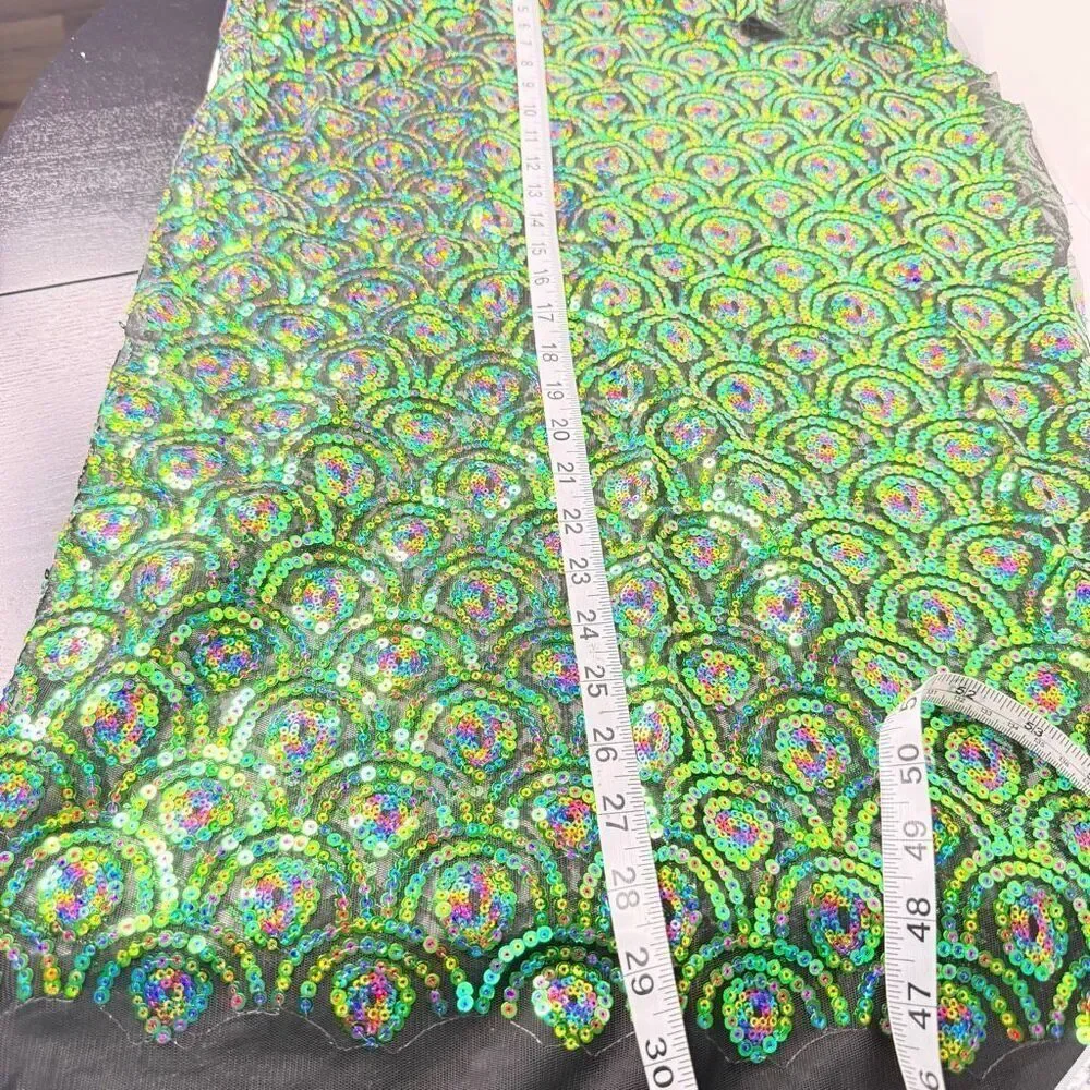 Iridescent Sequin Fabric Green Rainbow Mermaid Scale Pattern 30” x 17” Mesh Back